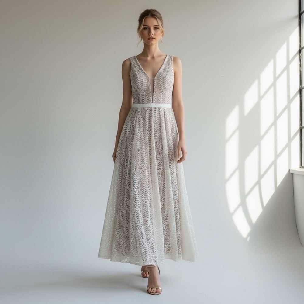 Lucy Wang Maxi Lace Overlay Bridal Party Formal Coquette Event Dress S Champagne